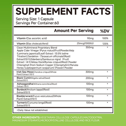 LEMON CODE Sea Moss & Black Seed Oil Capsules with Burdock & Bladderwrack & Ashwagandha, Vitamin C&D,Natural Herbal Complex for Daily Balance, Energy & Digestive Support, Vegan, Non-GMO, 60 Capsules LEMON CODEBuy Supplements Australia