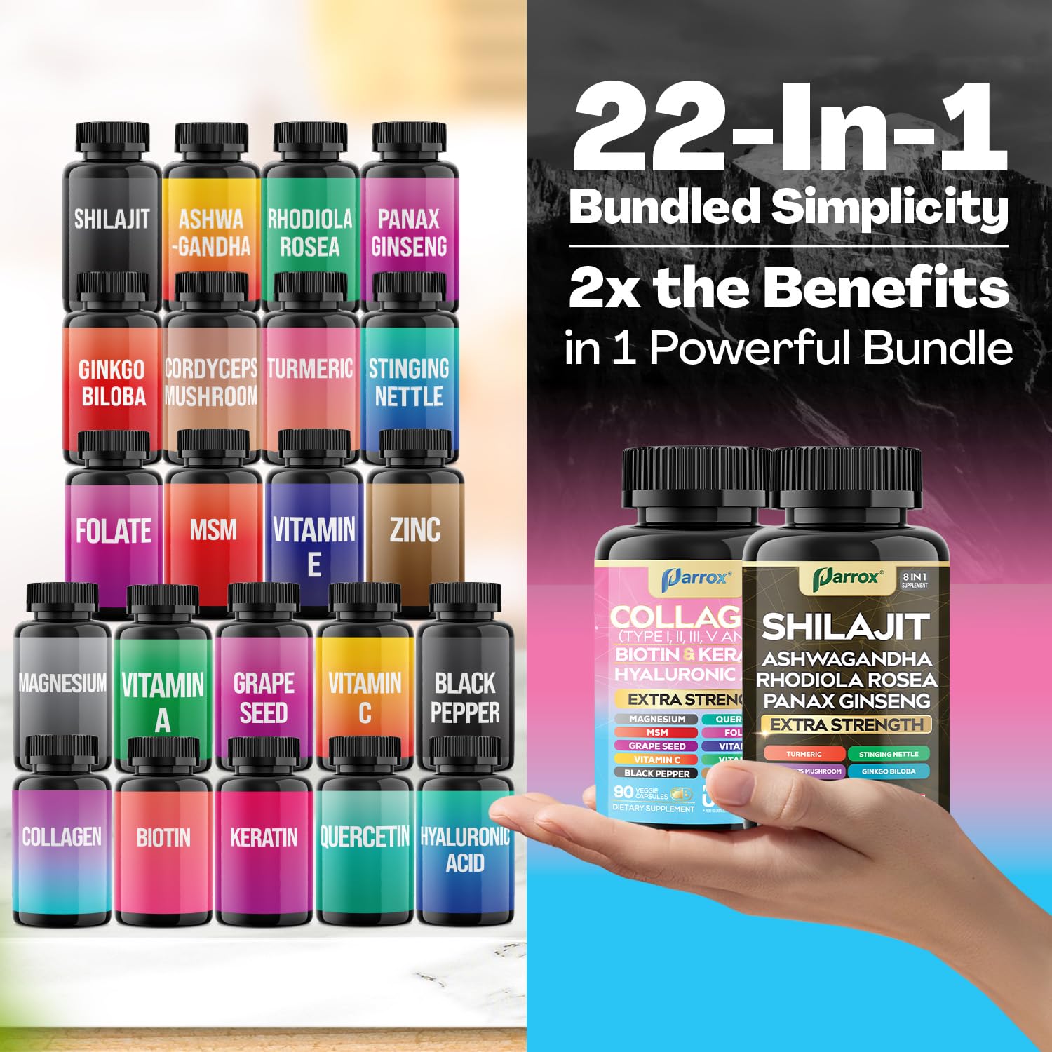 Parrox Adaptogen & Beauty Bundle – Rhodiola, Panax Ginseng, Ashwagandha, Cordyceps, Turmeric, Collagen, Biotin, Keratin, MSM, Hyaluronic Acid, Zinc, Quercetin, Vitamin C, A & E, Folate, Magnesium ParroxBuy Supplements Australia