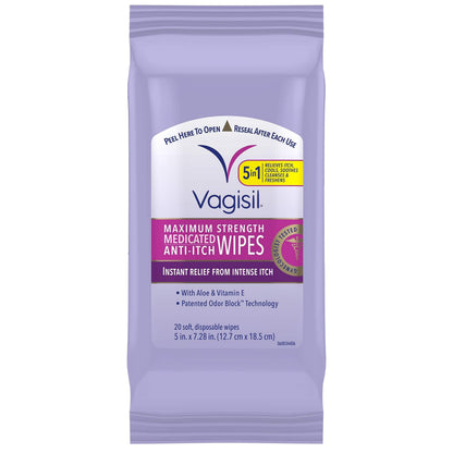 Vagisil Wipes, Anti-Itch Medicated Feminine Vaginal Wipes, Maximum Strength, Instant Relief, 20 Wipes