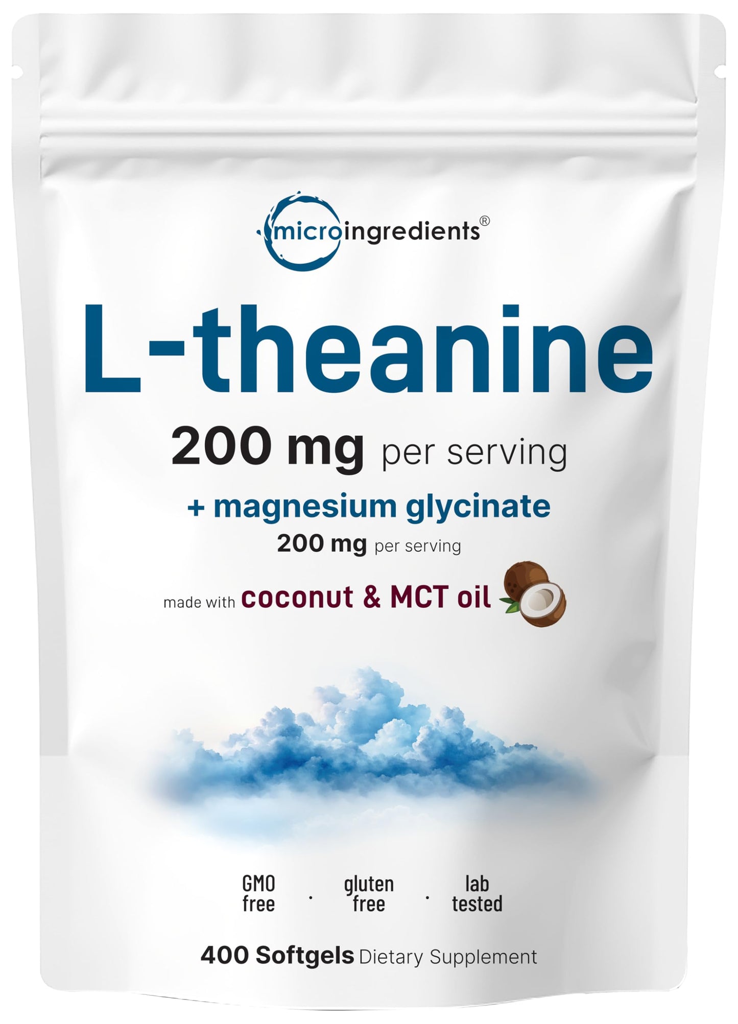 L-Theanine 200mg with Magnesium Glycinate, 400 Coconut MCT Oil Softgels | 2-in-1 Amino Acid & Mineral Complex | Gentle Care All Day & Night