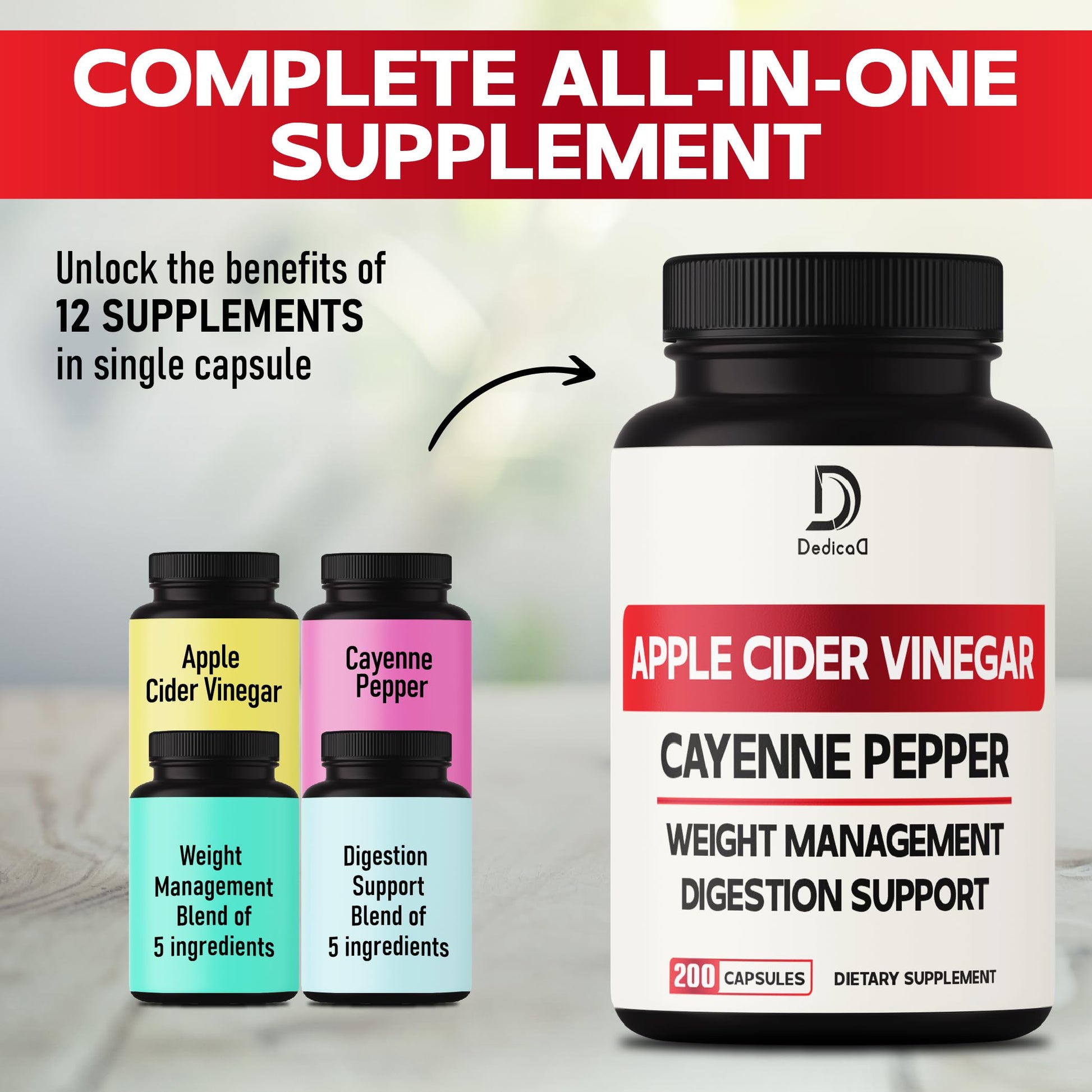 12in1 Apple Cider Vinegar Supplements - 200 Capsules with Cayenne Pepper, Grape Seed DEDICADBuy Supplements Australia
