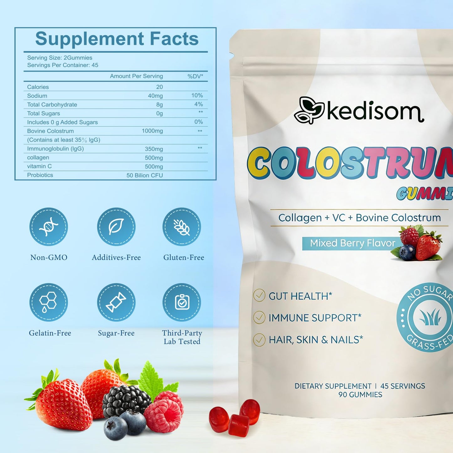 KEDISOM Colostrum Gummies, Grass Fed Colostrum Supplement, 90 Bovine Colostrum Gummies, 45 Servings, Mixed Berry, Sugar-Free KEDISOMBuy Supplements Australia