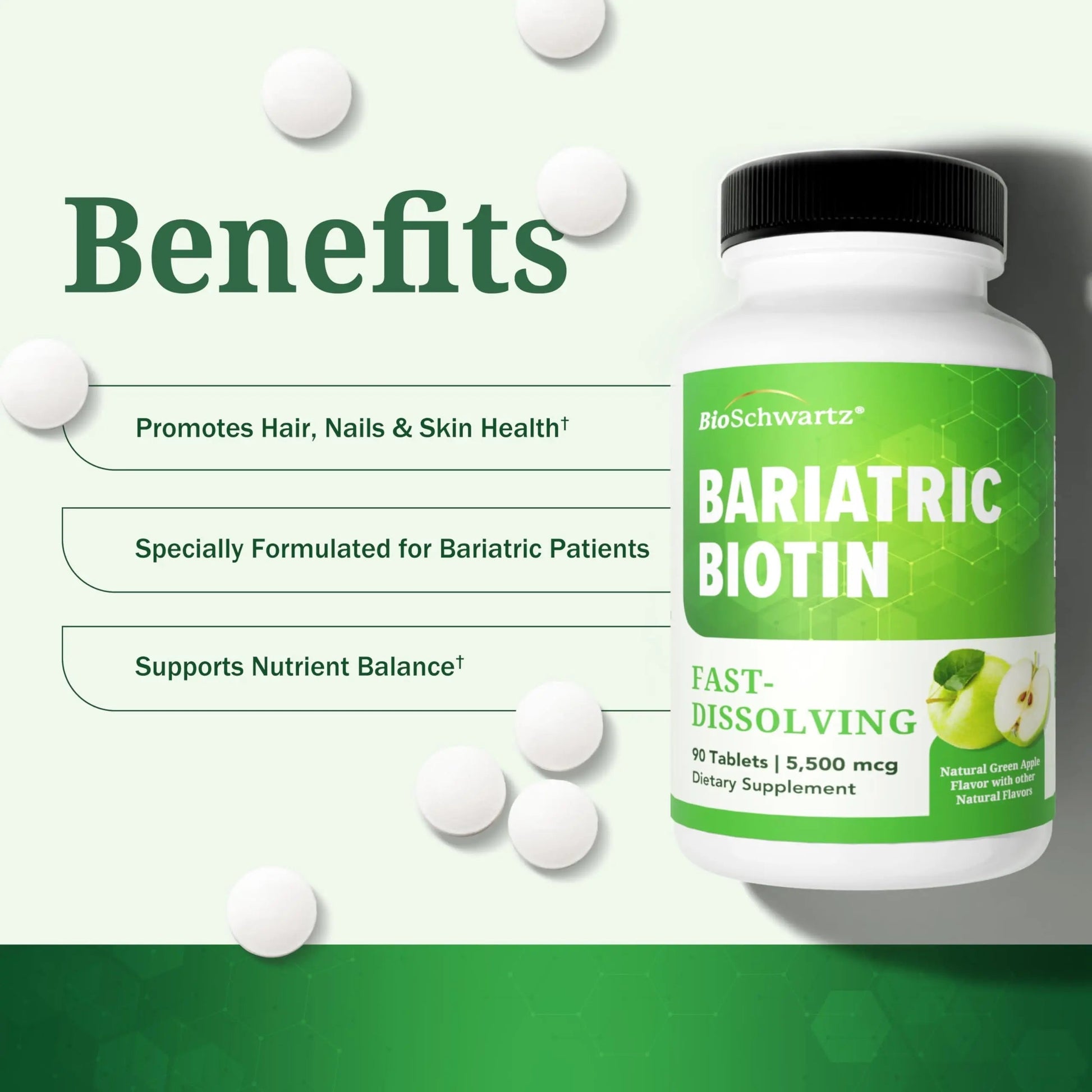BioSchwartz Bariatric Biotin Chewable Tablets - 5500mcg Biotin per Serving - Green Apple Flavor, 3 Month Supply - Sugar-Free Hair Skin Nails Vitamins BioSchwartz