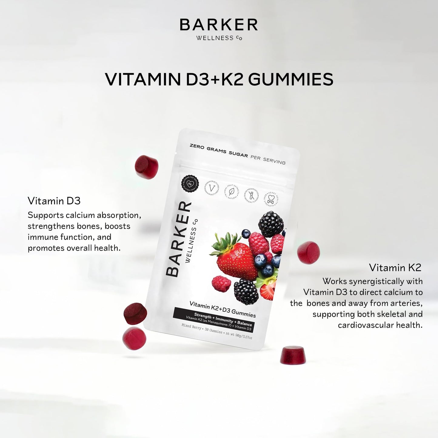 Barker Wellness D3 K2 Vitamin Gummies – Max Potency 6000IU D3 + 200mcg K2 for Strong Bones, Cardiovascular Wellness, Immune Support | Vegan, Sugar-Free, Delicious Mixed Berry | 30 Servings Barker Wellness CoBuy Supplements Australia