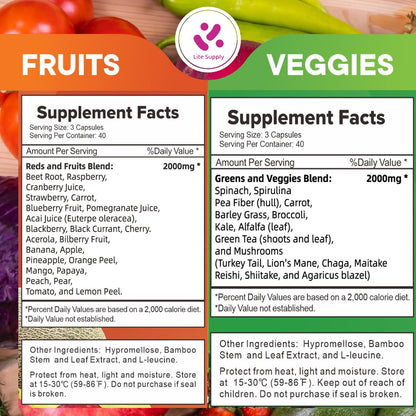 Lite Supply Fruits and Veggies Supplement 240 Caps - 120 Fruit and 120 Veggie Capsules - Whole Food & Natural Superfood Filled with Vitamins & Minerals for Women, Men Supports Energy Levels Lite SupplyBuy Supplements Australia