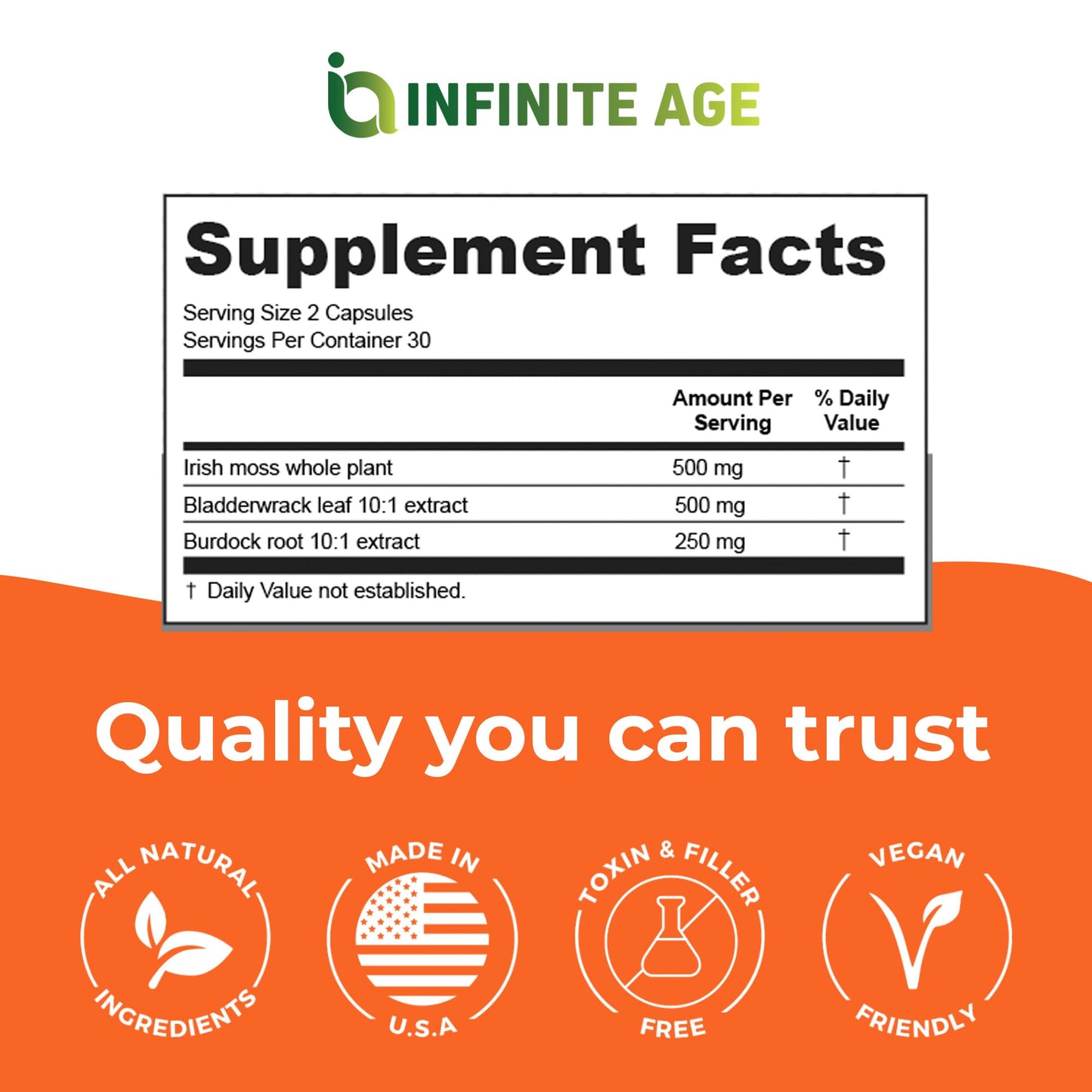 INFINITE AGE 1250mg Sea Moss Advanced Superfood Capsules, 60 Count - High-Potency, Vegan, Made in The USA - Irish Seamoss, Bladderwrack,