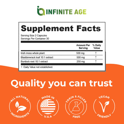 INFINITE AGE 1250mg Sea Moss Advanced Superfood Capsules, 60 Count - High-Potency, Vegan, Made in The USA - Irish Seamoss, Bladderwrack,