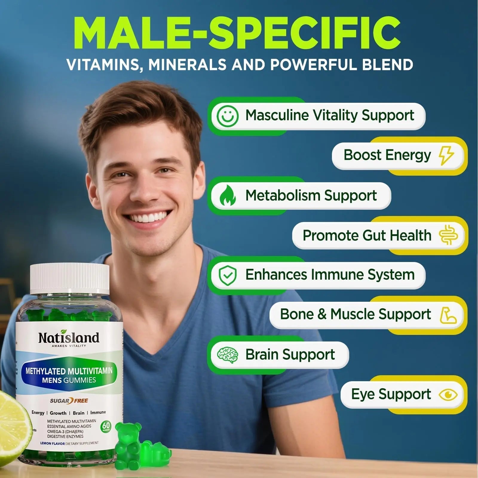 Methylated Multivitamin for Men Gummies, Men`s Multivitamins Gummies with Vitamin B Complex, A, C ,D3, E, K2, Calcium, Magnesium, Omega-3 NATISLANDBuy Supplements Australia