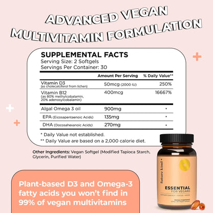 Future Kind Vegan Multivitamins - Glass Bottle & Made for Vegans with Omega 3 DHA, EPA, Vitamin B12 & D3 for Energy, Focus, & Mood (60 Softgels) Future KindBuy Supplements Australia