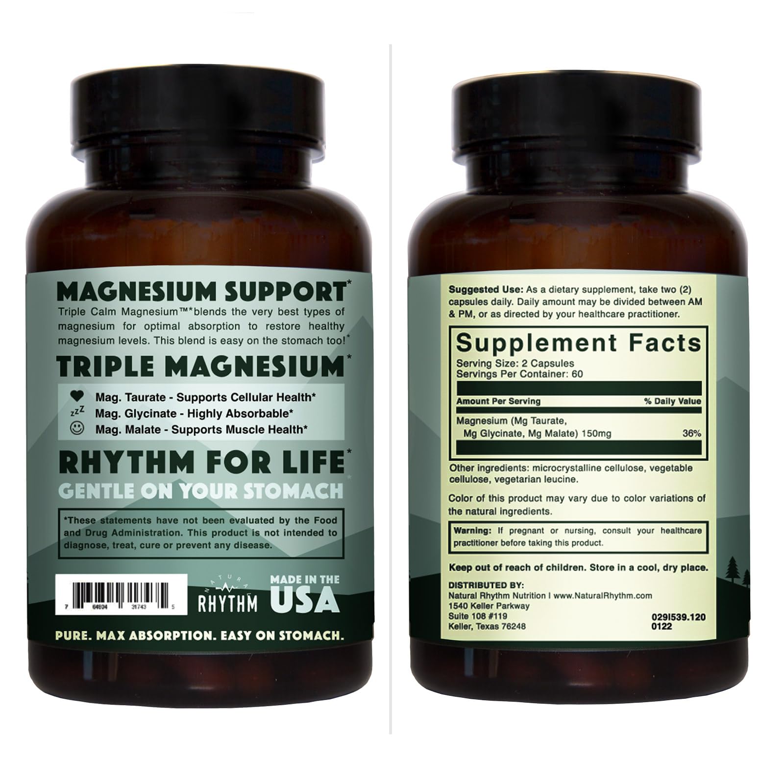 Natural Rhythm Triple Calm Magnesium Complex - 120 Capsules, Chelated Magnesium Glycinate, Taurate & Malate, High Absorption Supplement for Sleep, Stress, Muscle & Heart Support, Non-GMO, Vegan Natural RhythmBuy Supplements Australia