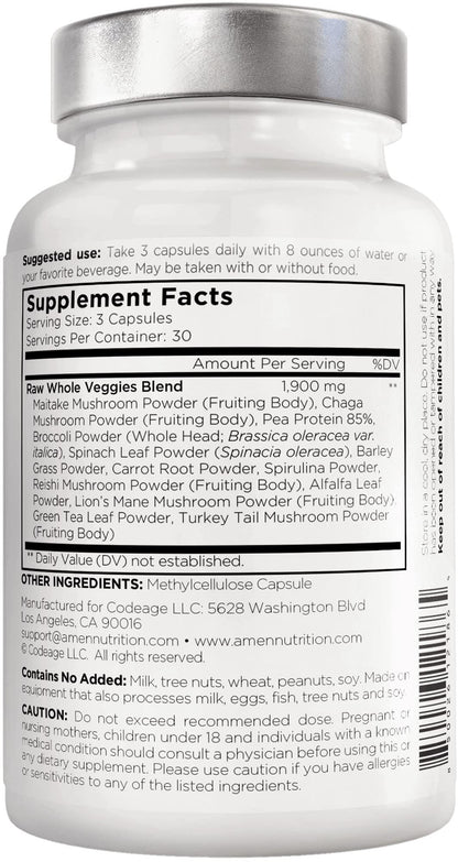 Amen Veggies, Daily Veggies Vitamins Supplement, Vegetables Vegan Blend & Whole-Food Raw Greens Multivitamin Capsules, Mushroom Complex, Superfood, Minerals, Green Vegetable Nutrients, Non-GMO, 90 ct AmenBuy Supplements Australia