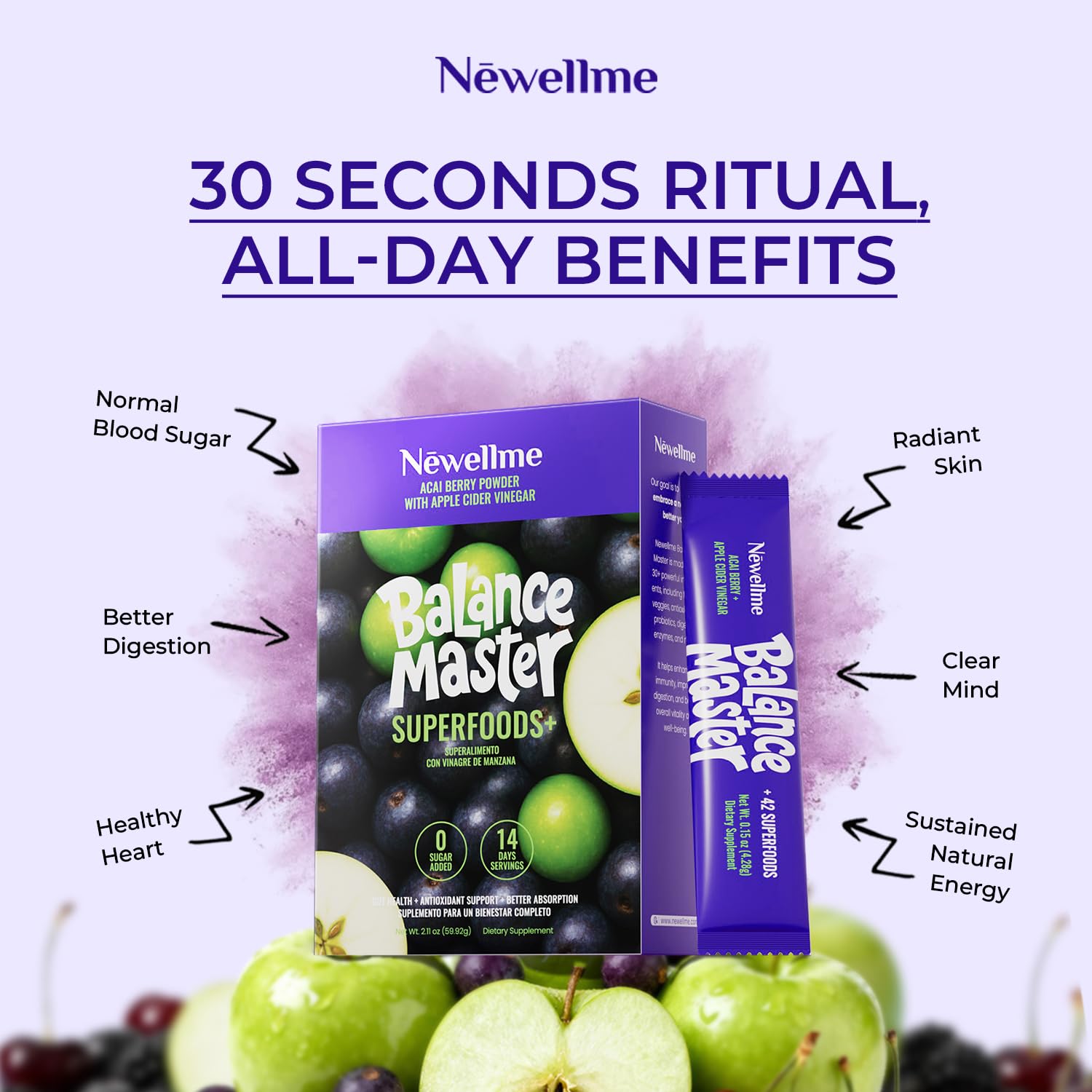 NEWELLME Balance Master Acai Apple Cider Vinegar Powder, Healthy Blood Sugar Support, Probiotics & Digestive Enzymes for Metabolic Support, Vegan Non-GMO, 14 Servings NEWELLMEBuy Supplements Australia