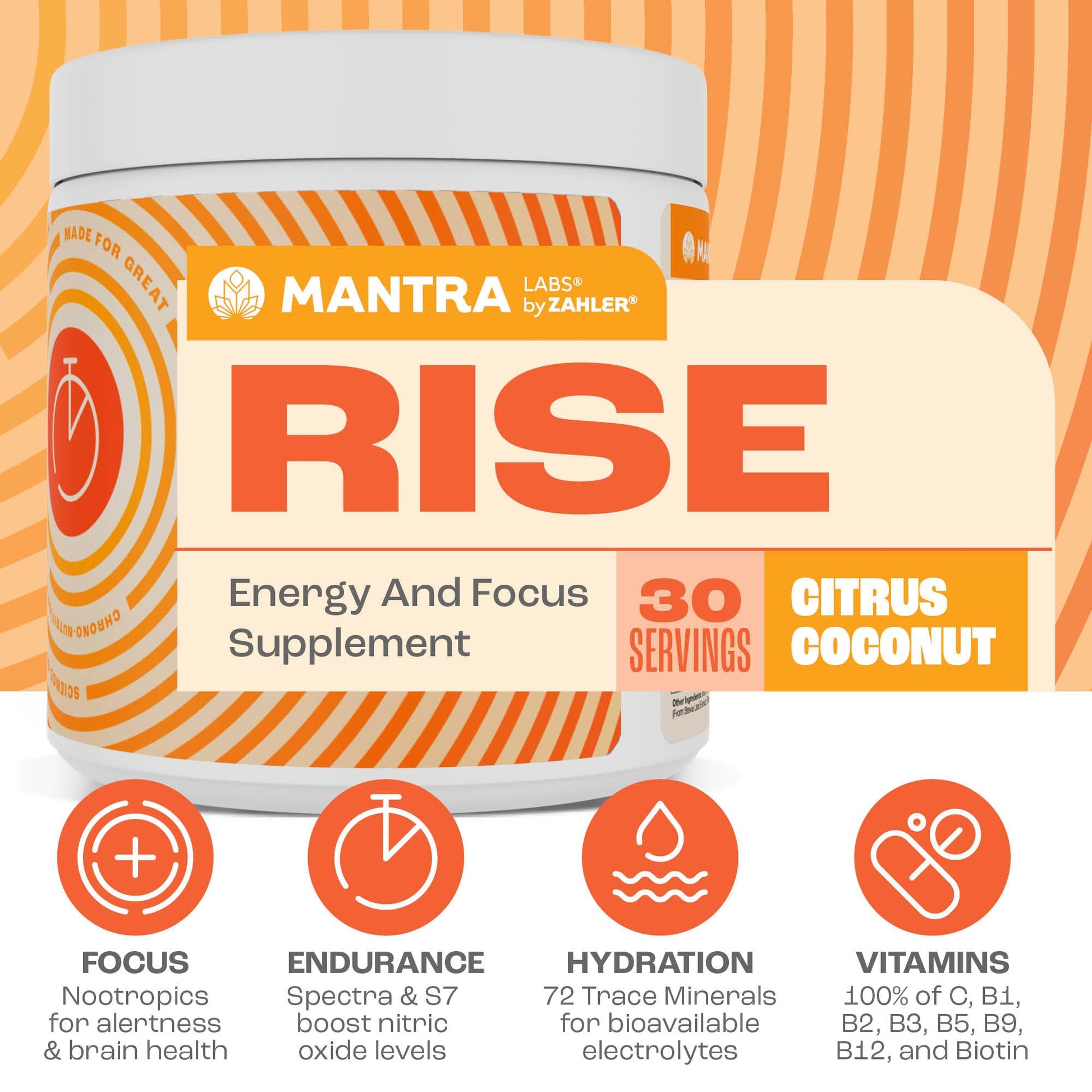 Zahler Mantra Rise, The Energy and Focus Supplement, Citrus Coconut Flavored, 30 Servings. ZahlerBuy Supplements Australia