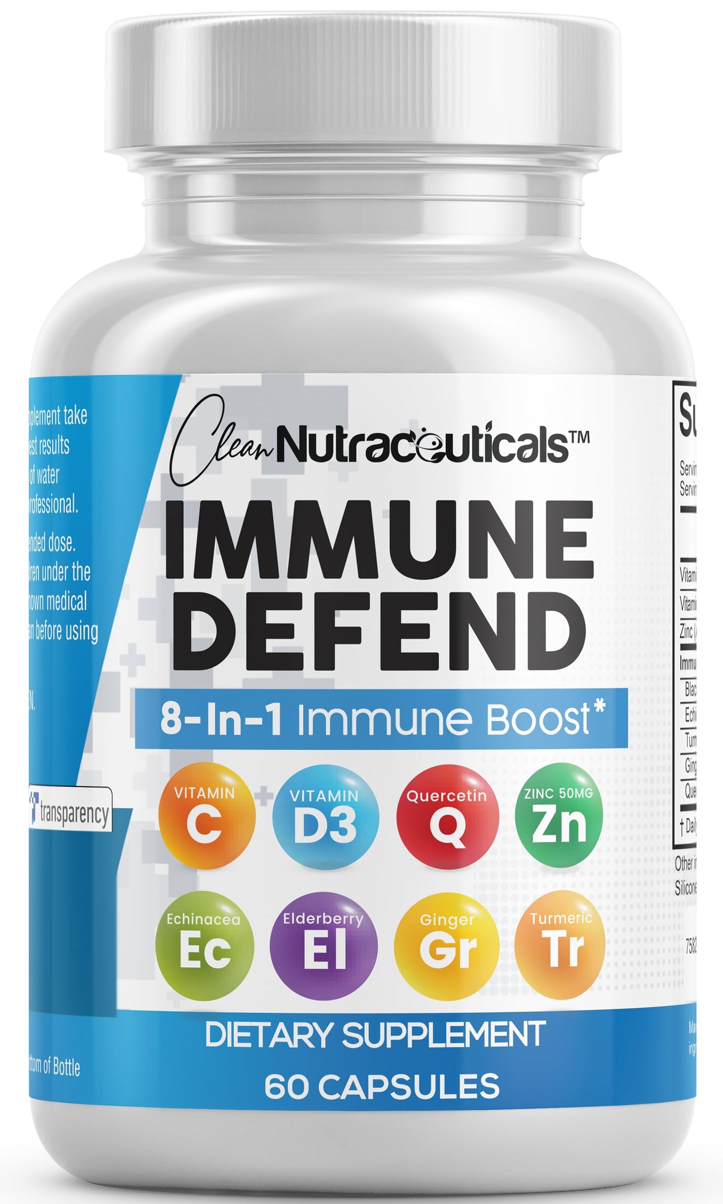 Clean Nutraceuticals Immune Defense Support Supplement 8 in 1 with Zinc 50mg Quercetin, VIT C 1000mg, Vitamin D3 5000 IU, Elderberry, Ginger