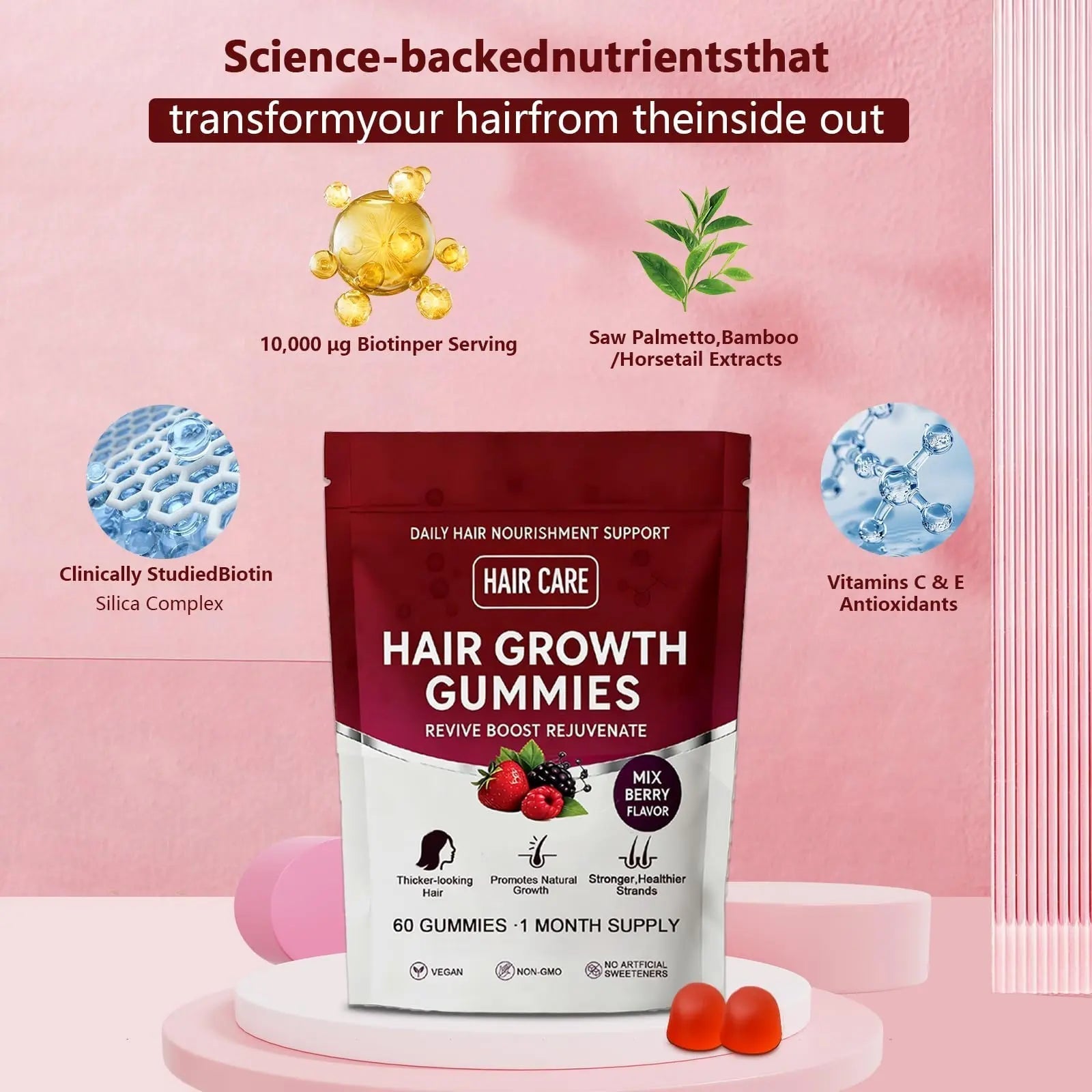 Giamau Lumin Hair Growth Gummies, 60 Vegan Gummies |Supports Healthy Hair Growth & Strength, Skin & Nail Care, | GiamauBuy Supplements Australia