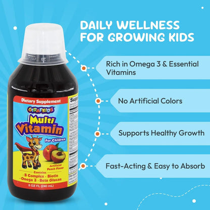GirafKids Liquid Multivitamin for Kids Ages 4+, 8oz - Daily Child Vitamins with Biotin, Vitamin A, B Complex, Folic Acid, Omega-3 & Beta Glucan PHARMADEL