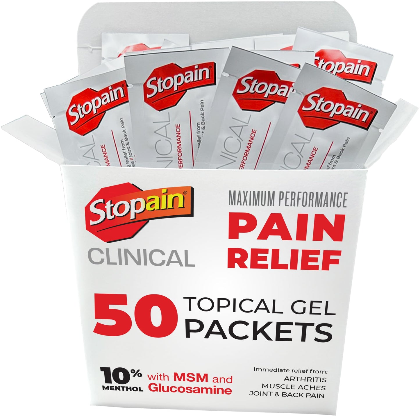 Stopain Pain Relief Clinical Gel Packets, 50 Pack, Made in USA, Maximum Performance Pain Relief with 10% Menthol Plus Glucosamine for Muscle Aches, Joint Pain, and Arthritis StopainBuy Supplements Australia