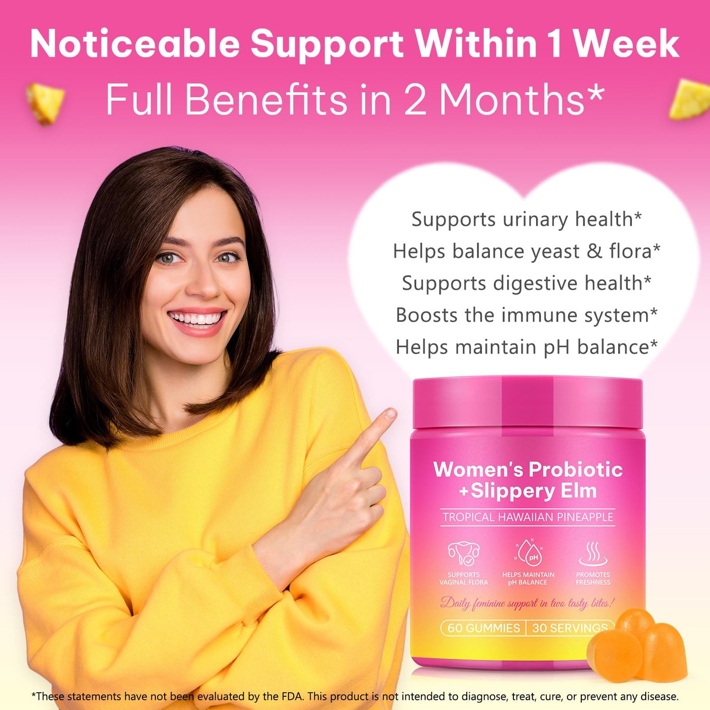 WeiWeiLa Feminine Probiotics Gummies for Women Probiotic Gummies with Slippery Elm | Natural Pineapple Flavor | Supports Feminine pH Balance & Comfort | 60 Vegan Gummie for Daily Wellness WeiWeiLaBuy Supplements Australia