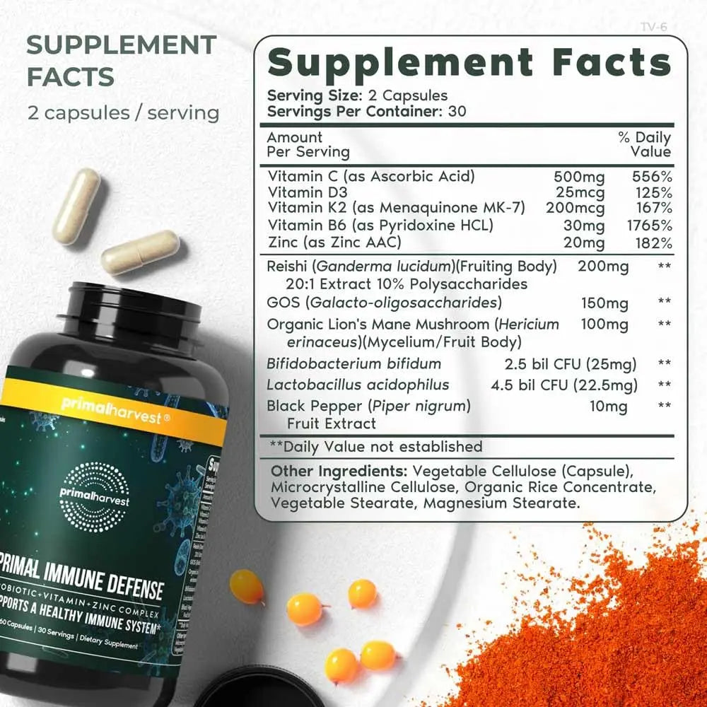 Primal Harvest Primal Immune Defense: 10-in-1 Immune Support with Probiotics, Zinc, Vitamins C, B6, D3 & K2 Primal Harvest
