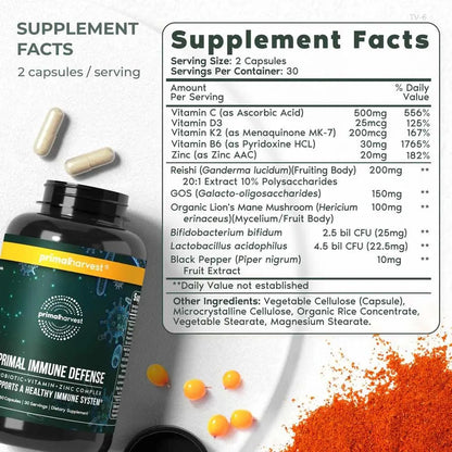 Primal Harvest Primal Immune Defense: 10-in-1 Immune Support with Probiotics, Zinc, Vitamins C, B6, D3 & K2 Primal Harvest