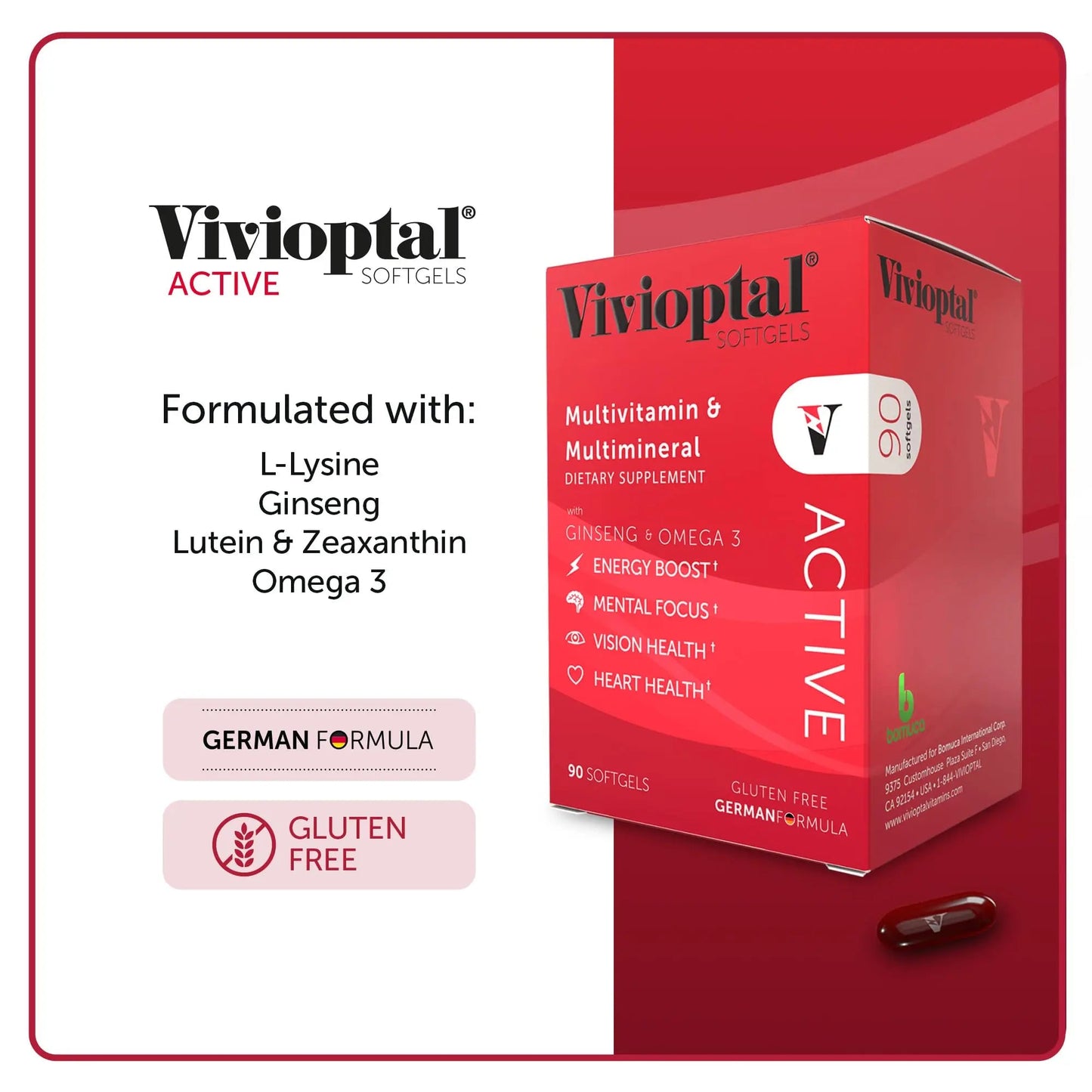 Vivioptal Active, 90 Softgels (1 Year Supply), Ginseng & Omega 3, Multivitamin & Multimineral, Gluten Free, German Formula Vivioptal VitaminsBuy Supplements Australia