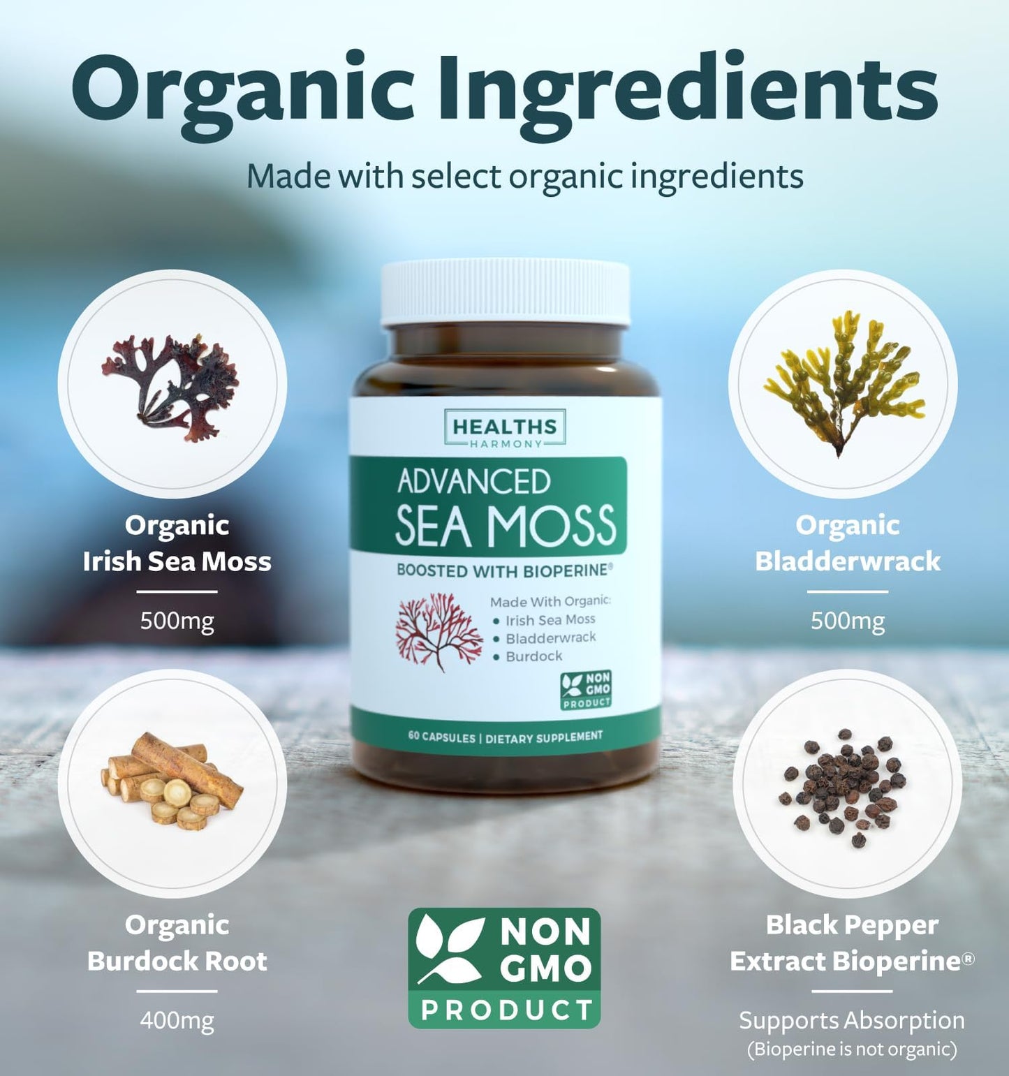 Organic Irish Sea Moss Capsules - Organic Sea Moss Capsules with Bladderwrack Burdock Root and Black Pepper Extract for Enhanced Absorption - Vegan Non-GMO & Made in the USA (1 Month Supply) Healths HarmonyBuy Supplements Australia