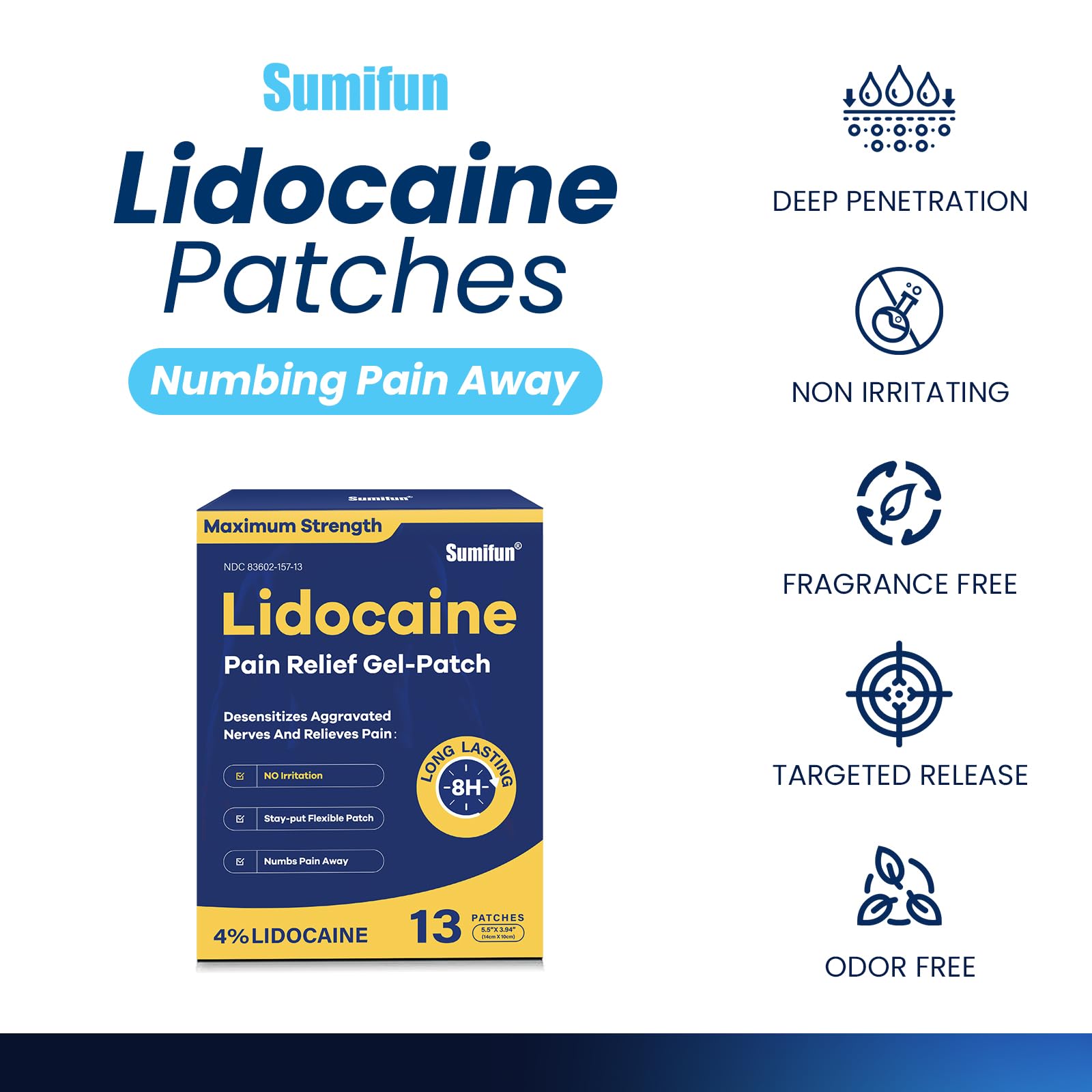 Sumifun 4% Lidocaine Patches Maximum Strength - 13 Count Pain Relieving Gel Patch for Muscle Soreness, Back Ache, Knee, Neck & Joint Pains - Topical Analgesic (Large, Count, 13) SumifunBuy Supplements Australia