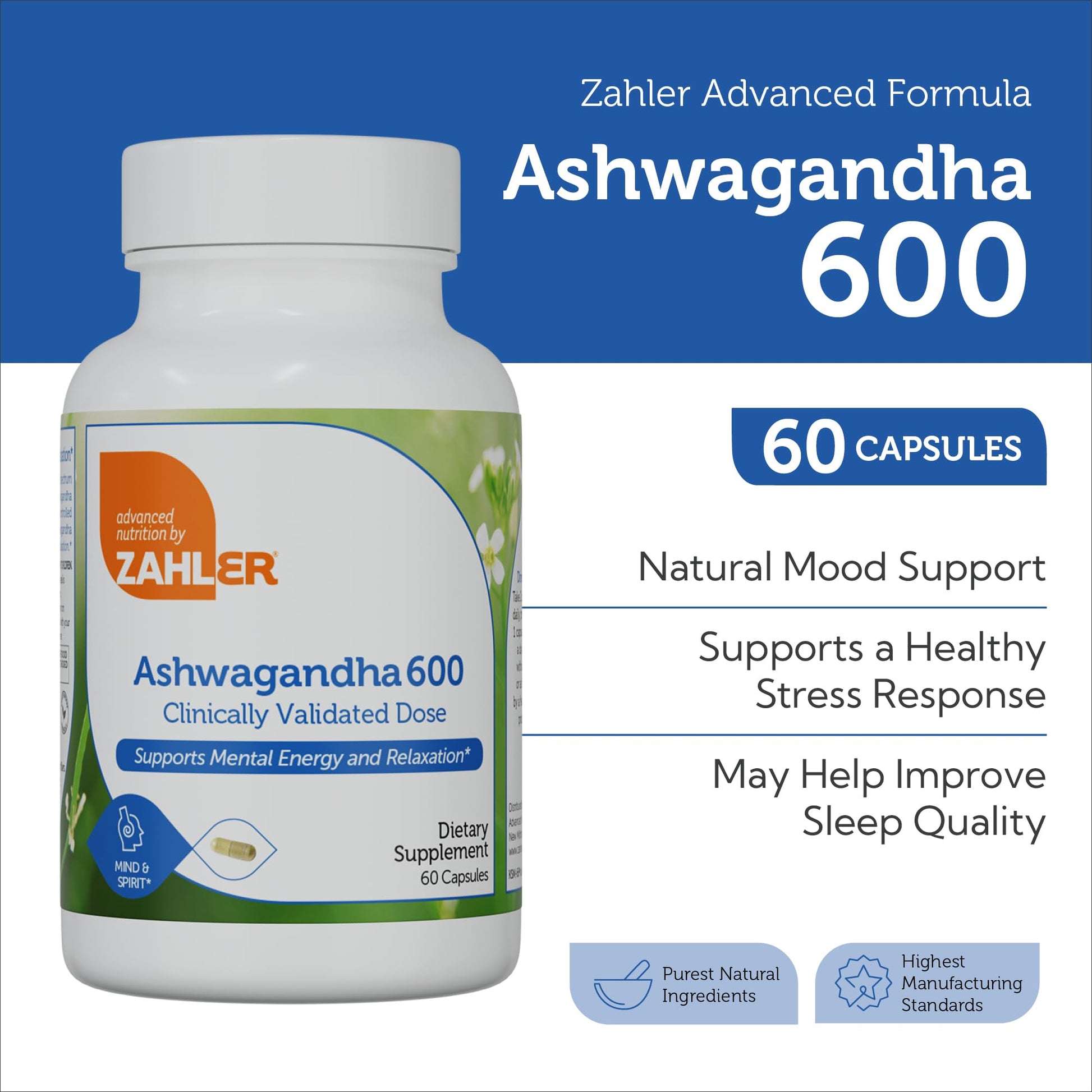 Zahler Ashwagandha Capsules, KSM-66 Aswhagandha 600mg Supplement, Relaxation and Stress Support, Kosher, 60 Capsules ZahlerBuy Supplements Australia