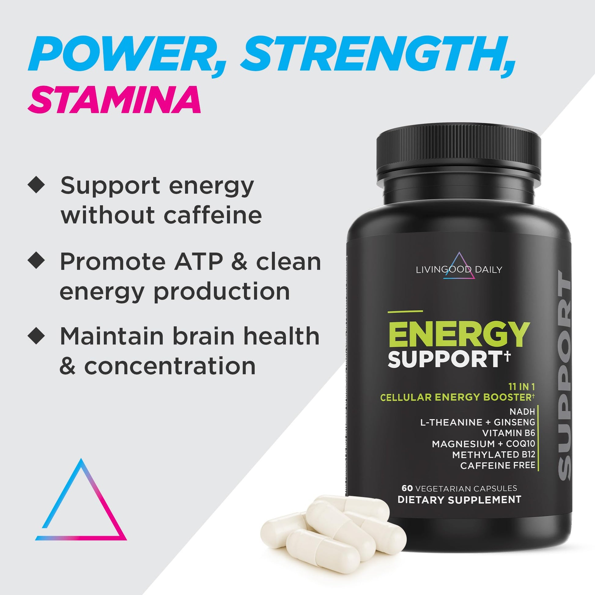 Livingood Daily Energy Support, 11-in-1 Supplement with Magnesium, Vitamin B6, B12, Amino Acids, L Carnitine, CoQ10, Ginseng & L Theanine, Supports Natural Energy for Men & Women, Vegan, 60 Capsules Livingood DailyBuy Supplements Australia
