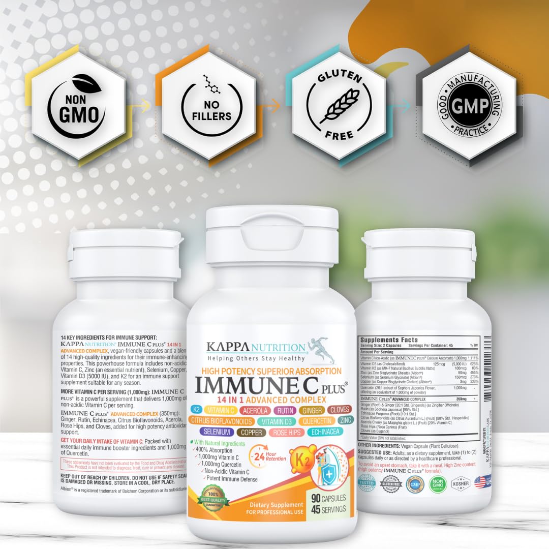 Quercetin 1,000mg, Vitamin C 1,000mg, Zinc 50mg, Vitamin D3 5,000iu, Selenium, Copper, Acerola, Ginger, Rutin, Bitter Orange, Rose Hips, Echinacea, Immune C Plus, 14 in 1 Immune C Plus (120 Count) KAPPA NUTRITIONBuy Supplements Australia