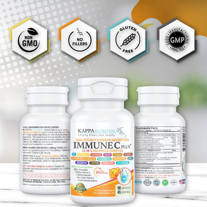 Quercetin 1,000mg, Vitamin C 1,000mg, Zinc 50mg, Vitamin D3 5,000iu, Selenium, Copper, Acerola, Ginger, Rutin, Bitter Orange, Rose Hips, Echinacea, Immune C Plus, 14 in 1 Immune C Plus (120 Count) KAPPA NUTRITIONBuy Supplements Australia