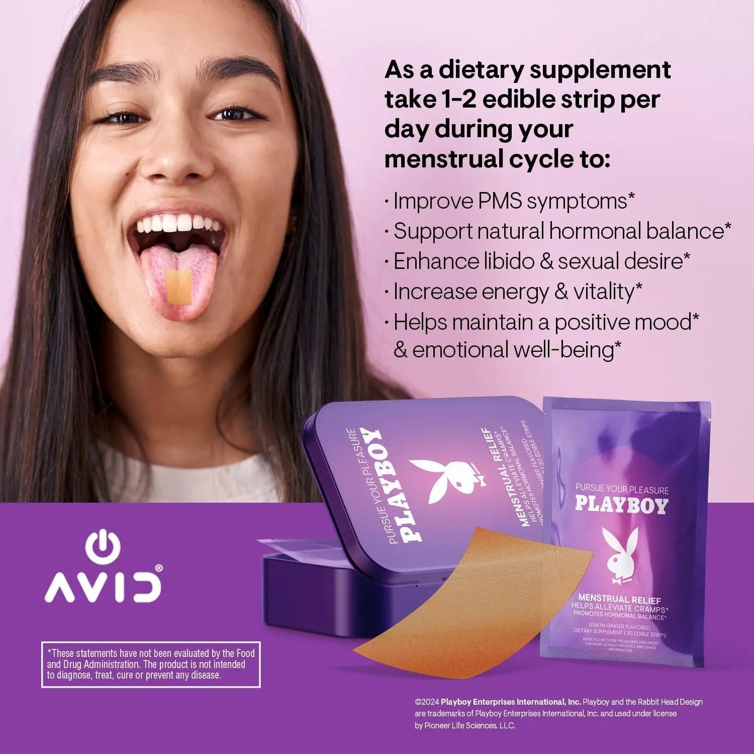 AVID Playboy - Menstrual Relief PMS Oral Strips (30 Edible Strips) Fast Dissolving PMS Cramp Relief & Hormonal Balance Strips for Women - Lemon Ginger Flavored Multi-Benefit PMS Supplement for Women AvidBuy Supplements Australia