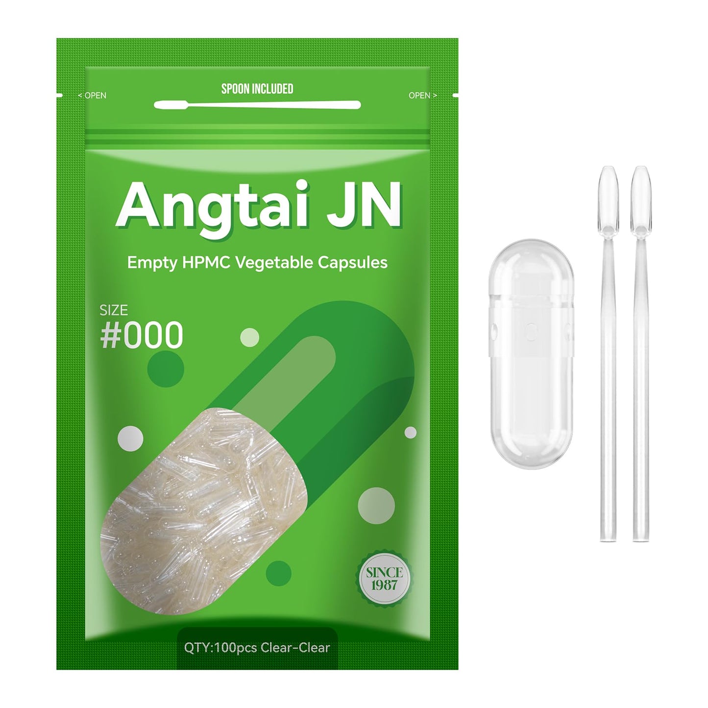 Angtai JN Capsules Size 000 Vegan Empty Plant Based Clear (100 Count) Gluten Free, Non-GMO, Halal Certified Pill Caps Filling Kit with 2 Spoons for Vegetarian DIY Your Own Supplements Angtai JNBuy Supplements Australia