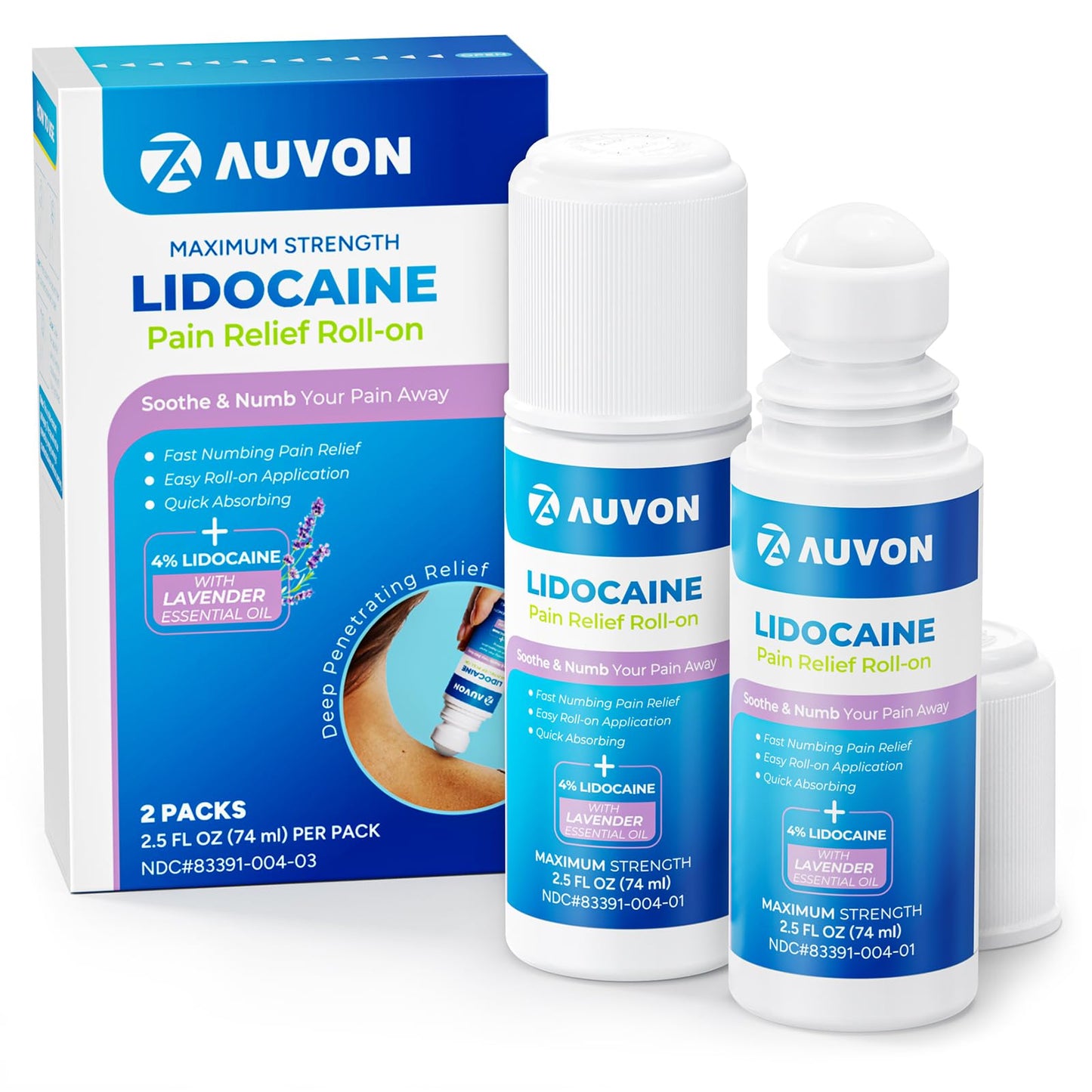 AUVON Max Strength Lidocaine Pain Relief Roll-On with Lavender Essential Oil, No Mess Applicator, Quick Absorbing to Numb & Soothe Pain Relief for Knees, Shoulders, 2.5 Oz, 2 Packs AUVONBuy Supplements Australia