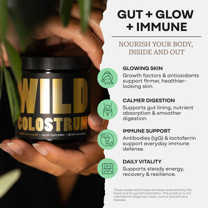 Colostrum Supplement - Grass Fed Pure Bovine Colostrum Powder - 2000mg & 400mg IgG (calostro bovino) - Gut, Immunity, Skin, Hair Support - Sugar Free, Natural Cacao Flavour, 30 Servings Wild FoodsBuy Supplements Australia