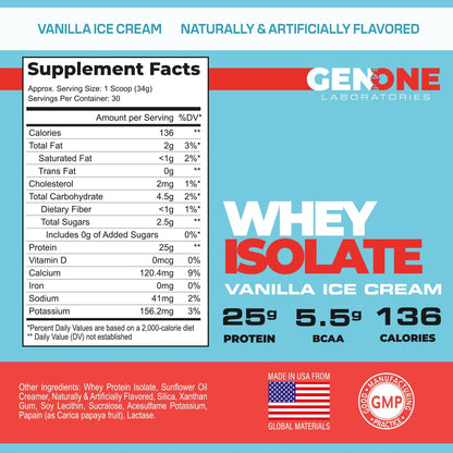 GenOne Whey Protein Powder Isolate, 25g Protein and 5.5g BCAAs per Serving, Vanilla Ice GENONE LABORATORIESBuy Supplements Australia