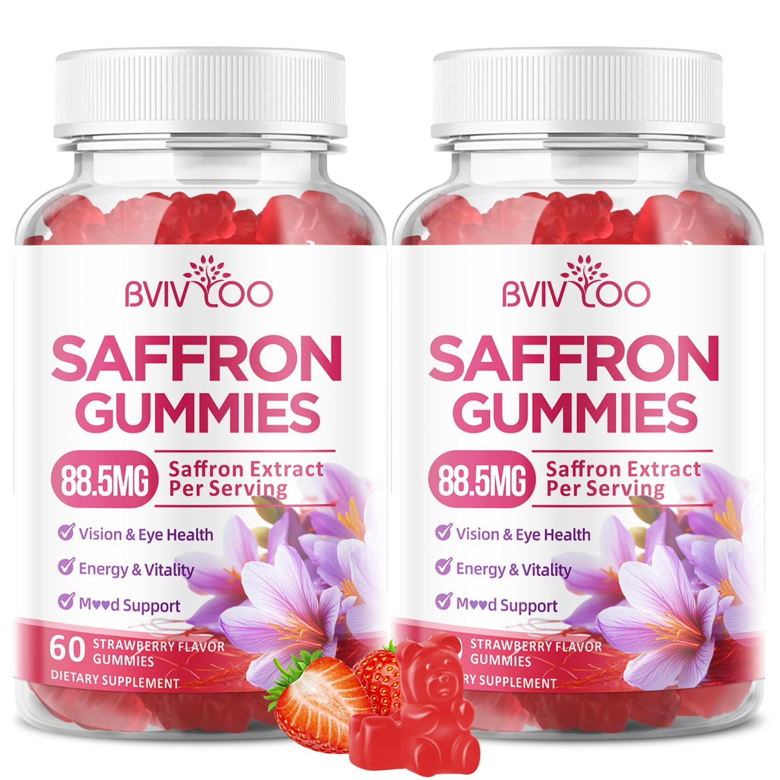 Saffron Gummies for Adult Kids, 10-IN-1 Formula with Saffron 88.5mg, Vitamins D3 & B6, Magnesium, Zinc, Ashwagandha, L-Theanine, St. John's Wort - Supports Mood & Focus, Strawberry Flavor, 60 Count BVIVLOOBuy Supplements Australia