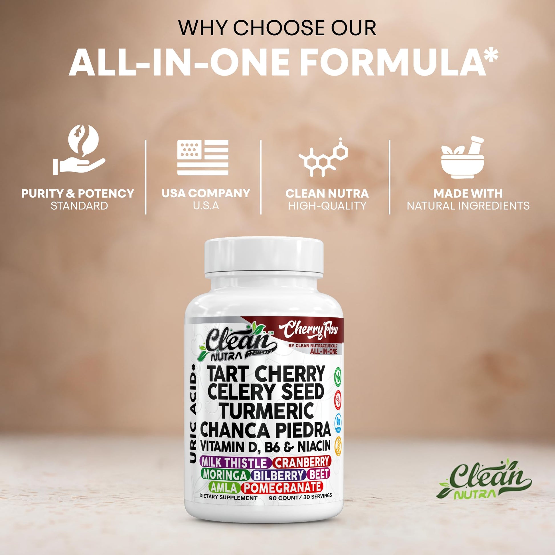 Cherry Flow Tart Cherry Capsules Uric Acid Support Celery Seed Turmeric Chanca Piedra Vitamin D Vitamin B6 Niacin Milk Thistle Moringa Extract Pomegranate Beets 90 Count By Clean Nutra Clean NutraceuticalsBuy Supplements Australia