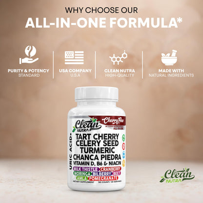 Cherry Flow Tart Cherry Capsules Uric Acid Support Celery Seed Turmeric Chanca Piedra Vitamin D Vitamin B6 Niacin Milk Thistle Moringa Extract Pomegranate Beets 90 Count By Clean Nutra Clean NutraceuticalsBuy Supplements Australia