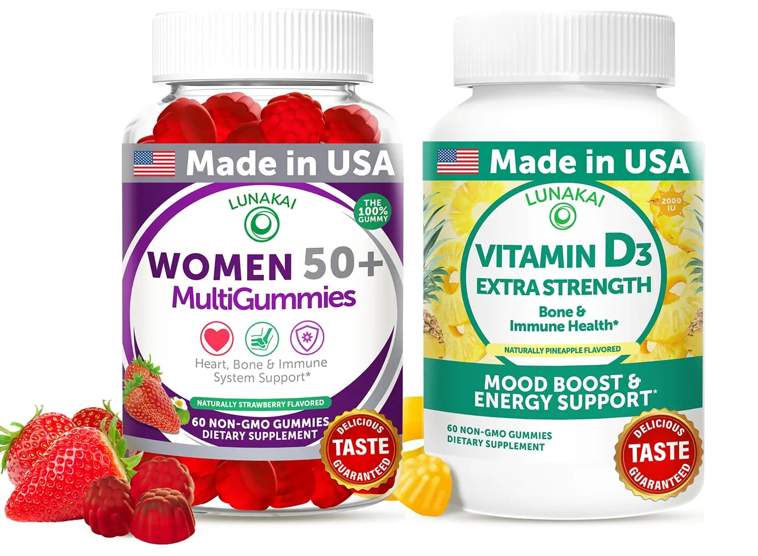 Lunakai USA Made Women’s 50+ Multivitamin & Vitamin D3 Gummies Bundle, Supports Bone, Heart, Immune & Energy Health, Non-GMO, Gluten-Free, Delicious Strawberry & Pineapple Flavors, 60ct Each LunakaiBuy Supplements Australia