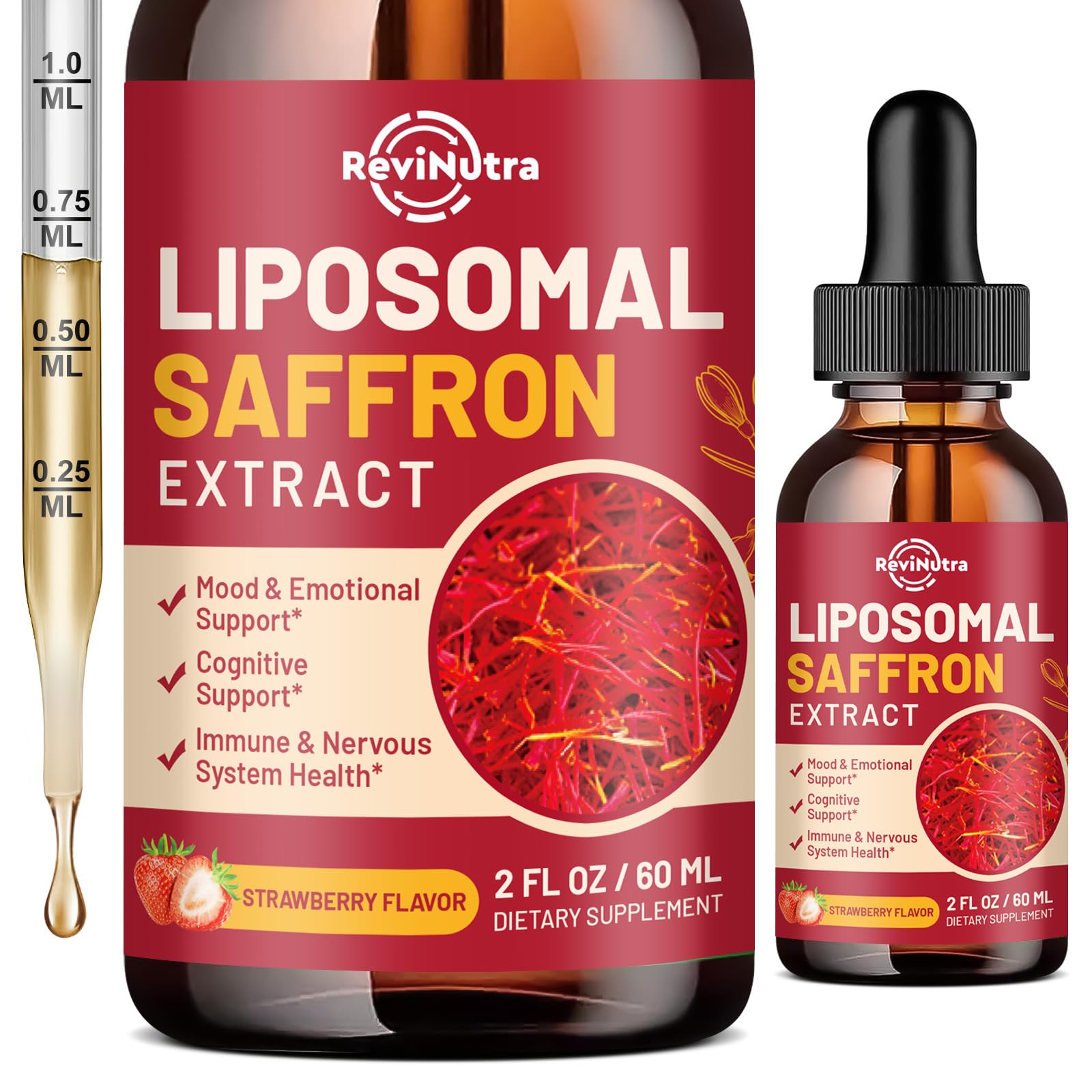 Saffron Supplements - 88.5mg Saffron Extract Liposomal Liquid Drops with Magnesium, Zinc, Ashwagandha, L-Theanine, Vitamin B6, D3 for Antioxidant Mood Energy Vision & Focus, Strawberry Flavor 2 Fl Oz ReviNutraBuy Supplements Australia