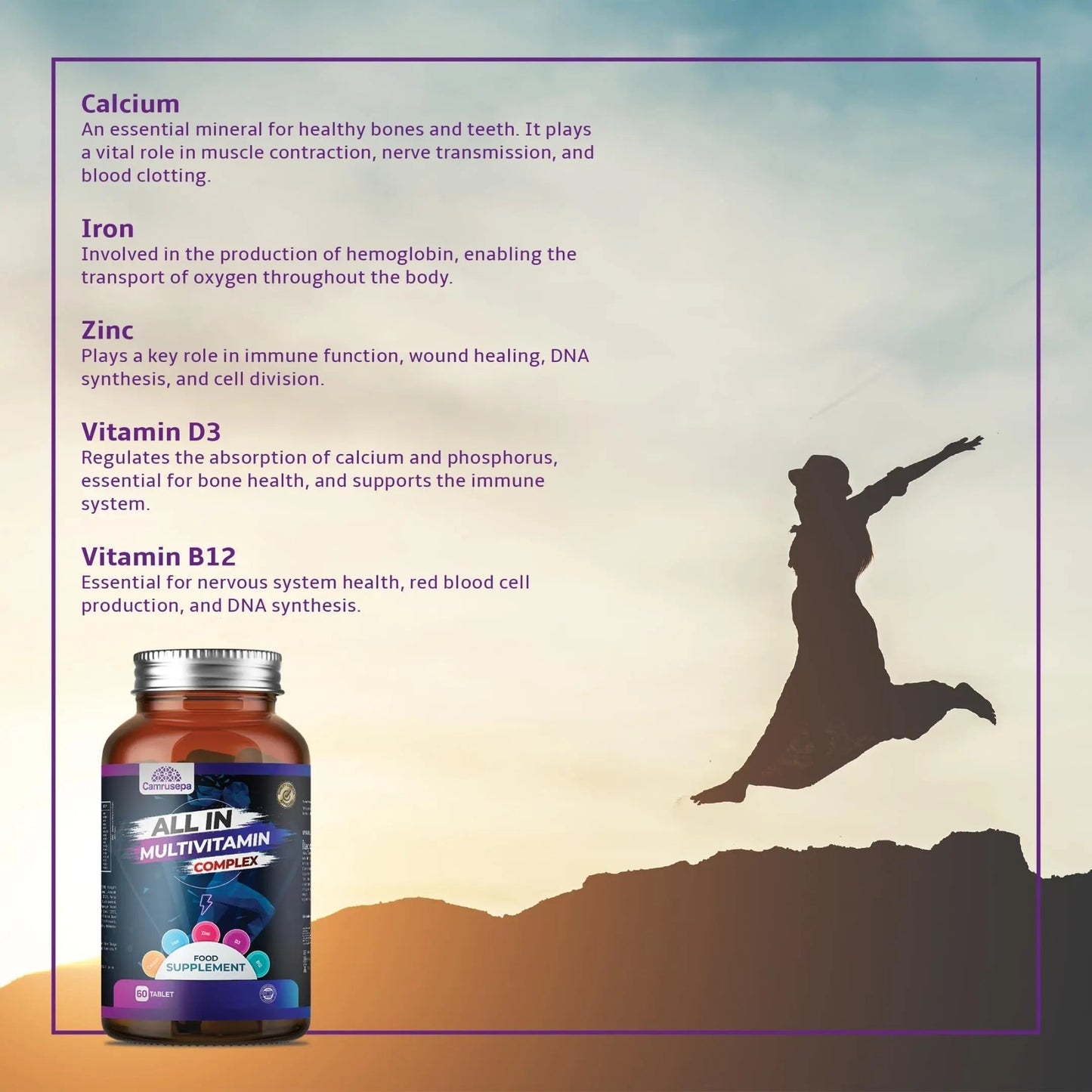 CAMRUSEPA All in Multivitamin Complex – Daily Tablet with Calcium, Iron, Zinc, Vitamin C, B Complex, D3, E, A & More – Complete Daily Nutritional Support for Adults CamrusepaBuy Supplements Australia