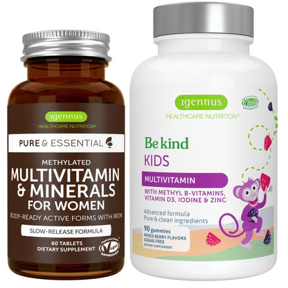 Multivitamin & Minerals for Women + Advanced Kids Multivitamin Gummy Vegan Bundle, with Methylated B-Vitamins, Vitamin A, C, D3 & E Igennus Healthcare Nutrition