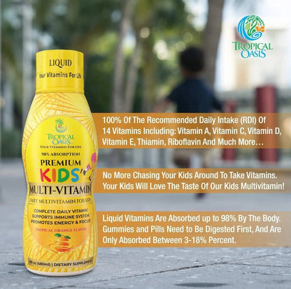 Premium Liquid Multivitamin For Kids | Sugar Free Kids Vitamins | 100% DV of 14 Vitamins for Kids | Multivitamin for Children Ages 4+ | Tropical OasisBuy Supplements Australia