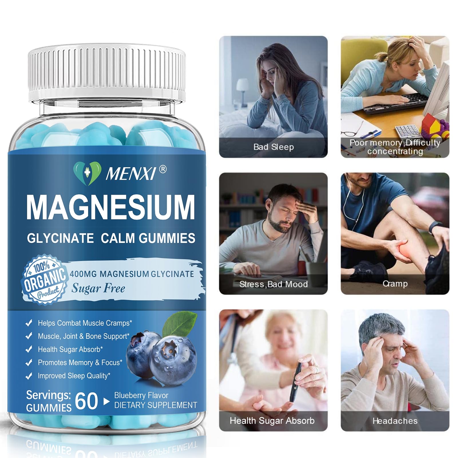 Magnesium Gummies 600mg per Serving-Magnesium Glycinate 400mg and Magnesium Malate 200mg,Sugar Free Magnesium Potassium Supplement for Calm Mood, Muscle, Bone & Sleep Support,60 Blueberry Gummies MENXIBuy Supplements Australia