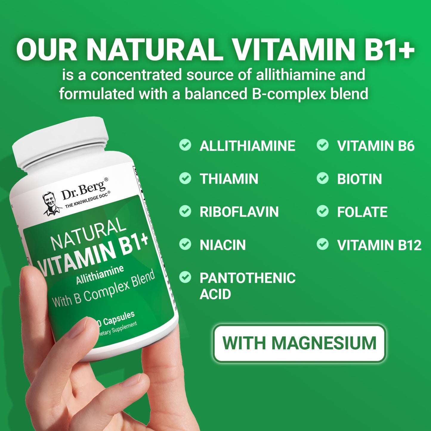 Dr. Berg Natural Vitamin B1 B6 B12 Complex - Allithiamine Vitamin B1 Supplement with 8 Essential Vitamin B Complex for Men & Women Including Thiamin, Niacin, Folate, Magnesium & More - 60 Capsules Dr. Berg NutritionalsBuy Supplements Australia