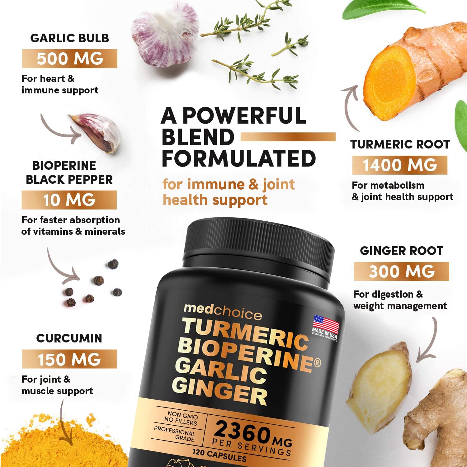 4-in-1 Turmeric and Garlic Supplements with Bioperine 2360 mg (360 ct) Turmeric Ginger MEDCHOICEBuy Supplements Australia
