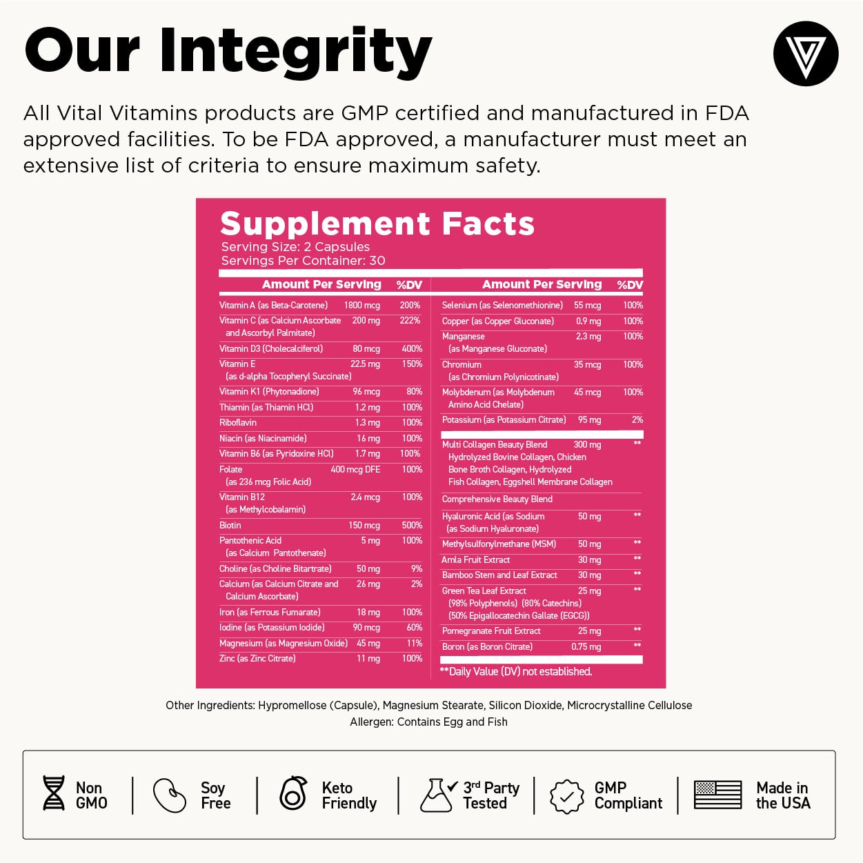 Vital Vitamins Women's Multivitamin Complex - Made with Multi-Collagen Blend, Hyaluronic Acid, & MSM - Beauty Multivitamins - with Vitamin A, C, E, B6, B12, D3-60 Capsules Vital VitaminsBuy Supplements Australia