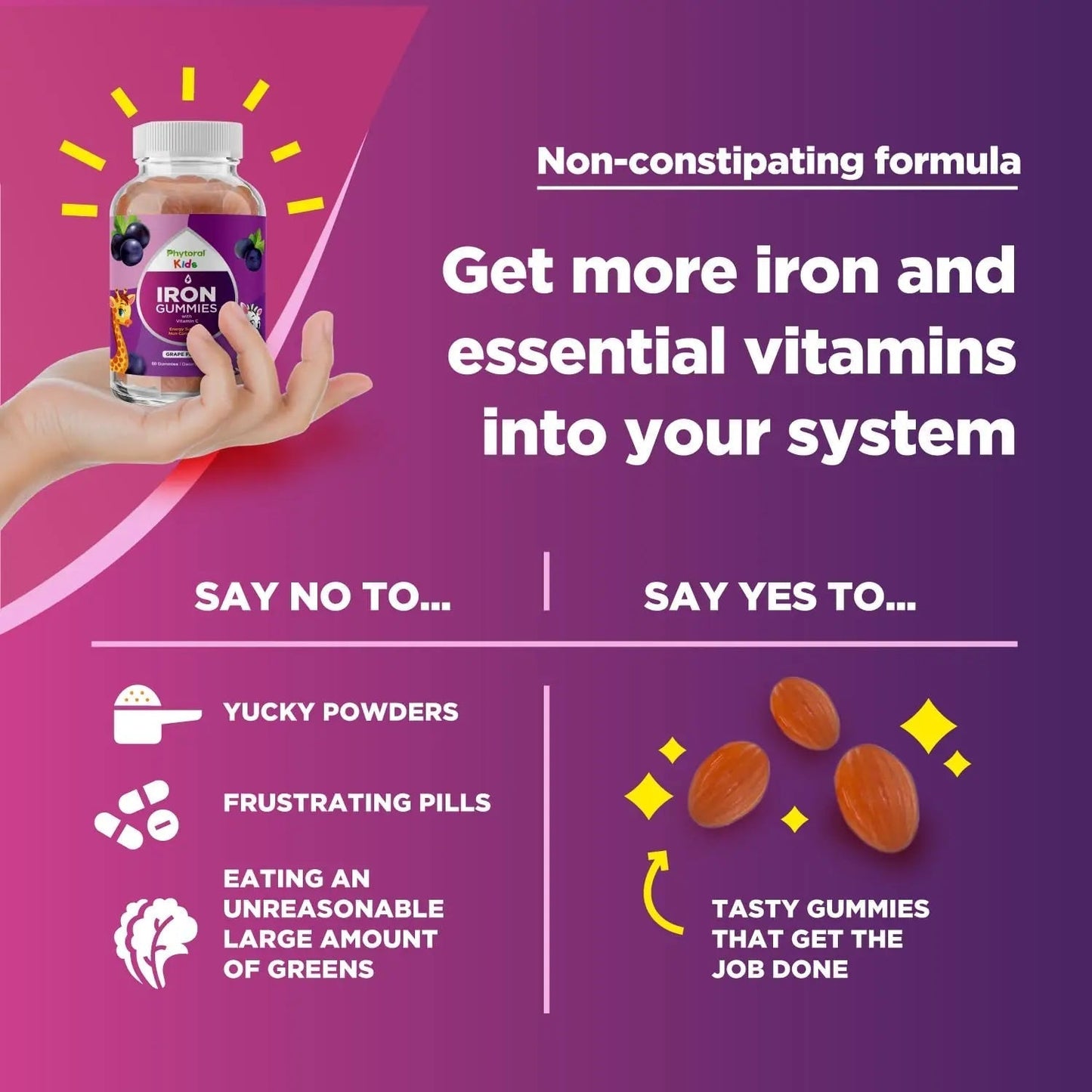 Natural Multivitamin Iron Gummies for Adults - Adult Gummy Vitamins with Iron and Energy Boost B Complex Vitamins Phytoral