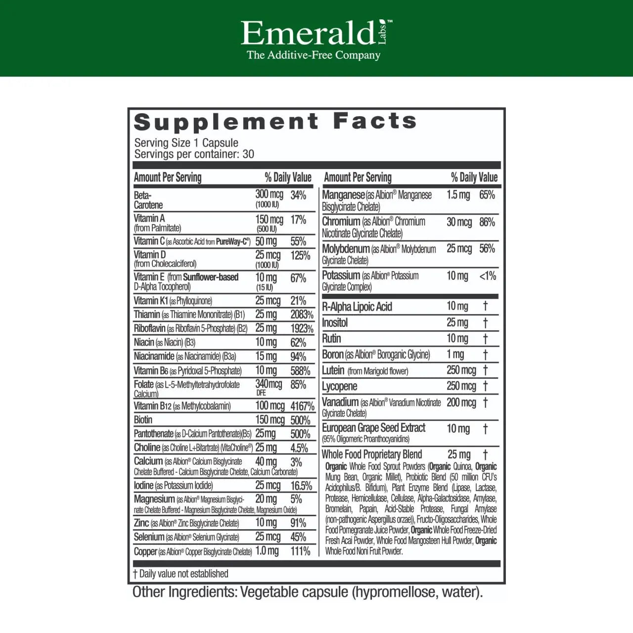 EMERALD LABS Complete 1-Daily Multi - Complete Multivitamin for Men & Women with Vitamin C, Methylated Folate, Whole-Food Blend EMERALD LABS